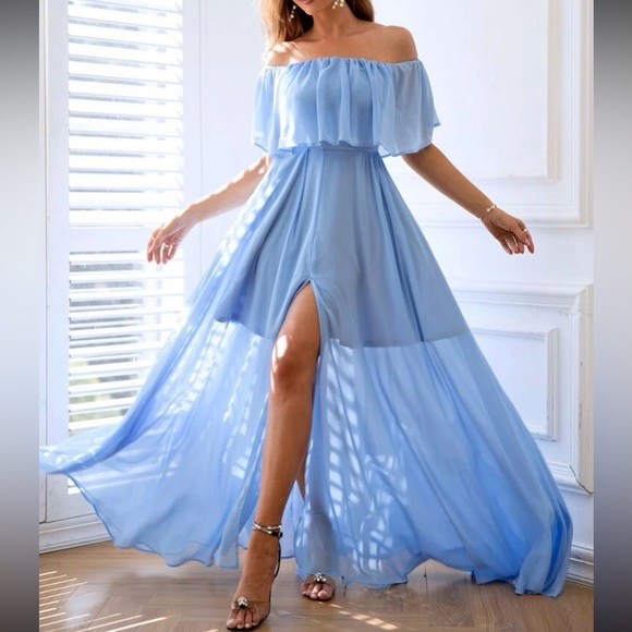Off the Shoulder Chiffon Floor-Length Dress with Slit Cabernet main image 0